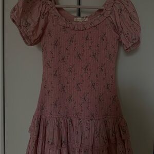 LoveShackFancy Pink Smocked Floral Dress with Ruffle Details